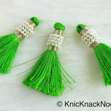 Various Colours Tassels With White Pearls Beads, Tassel Charms, Nylon Tassels x 6